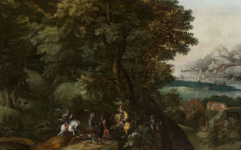 Hunting a Wild Boar by Jacob Grimmer, depicting a wild boar and hunters in a tense landscape, oil painting