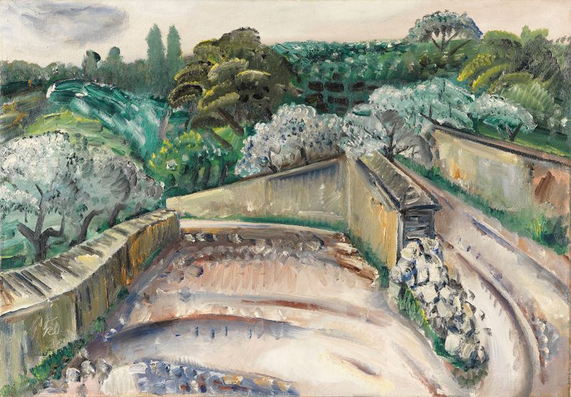 Landschaft in Südfrankreich de Paul Kleinschmidt, pintura a óleo que retrata uma paisagem chuvosa com colinas.