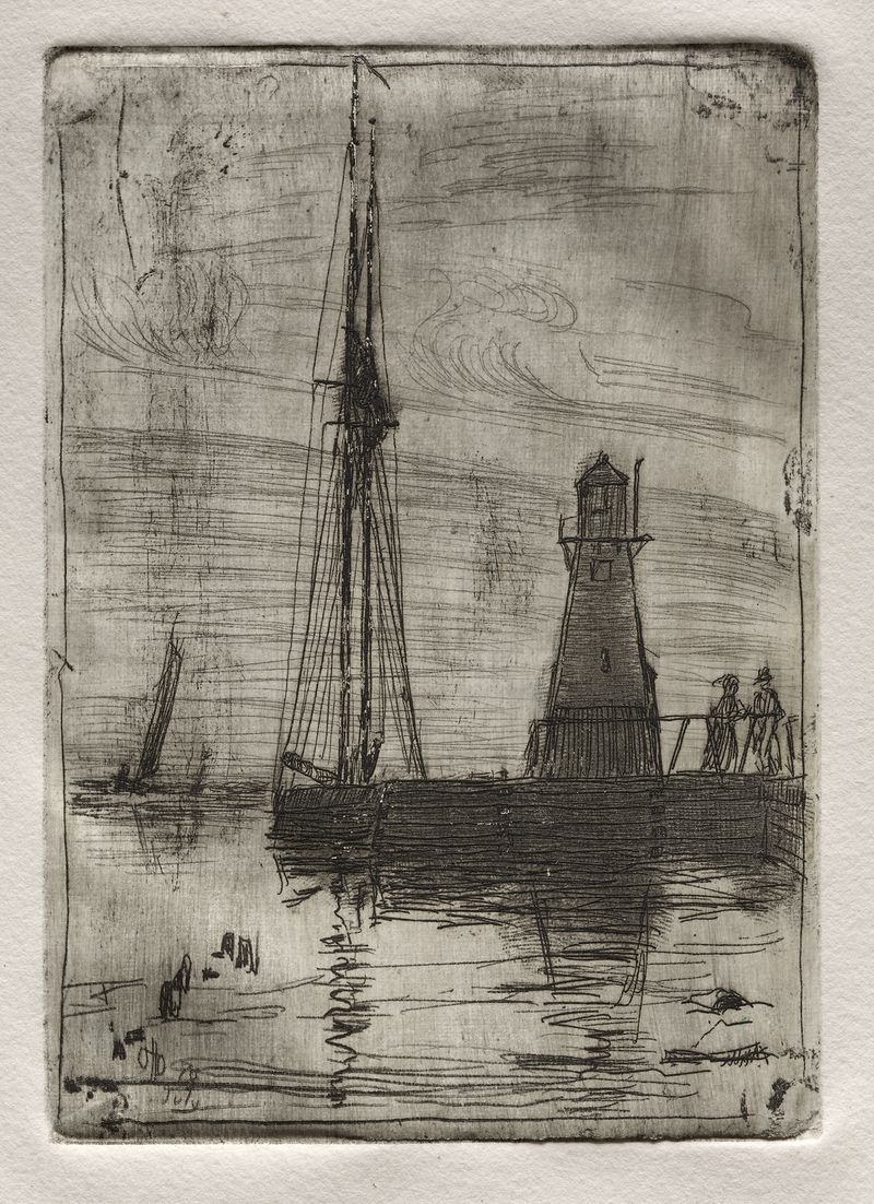 River Pier de Otto Henry Bacher, pintura a óleo que retrata um rio e um píer.
