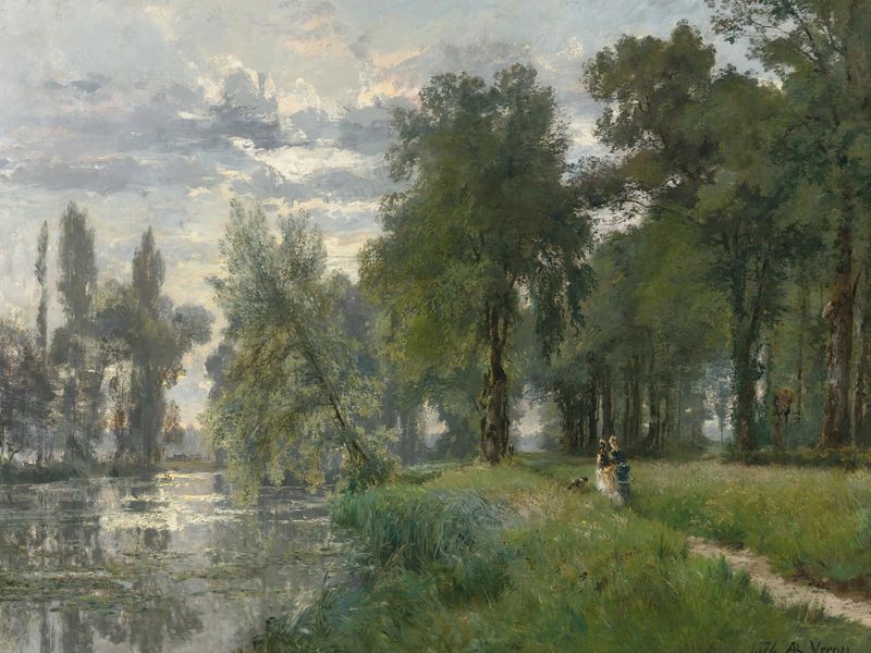 Impressionist landscape depicting a river with figures, by Alexandre René Veron