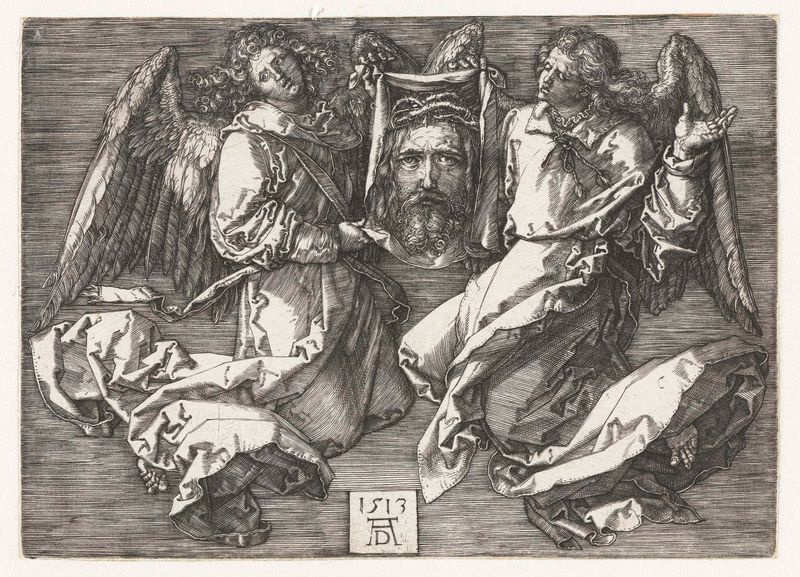 Grabado de Albrecht Dürer que representa a dos ángeles con un paño de sudor