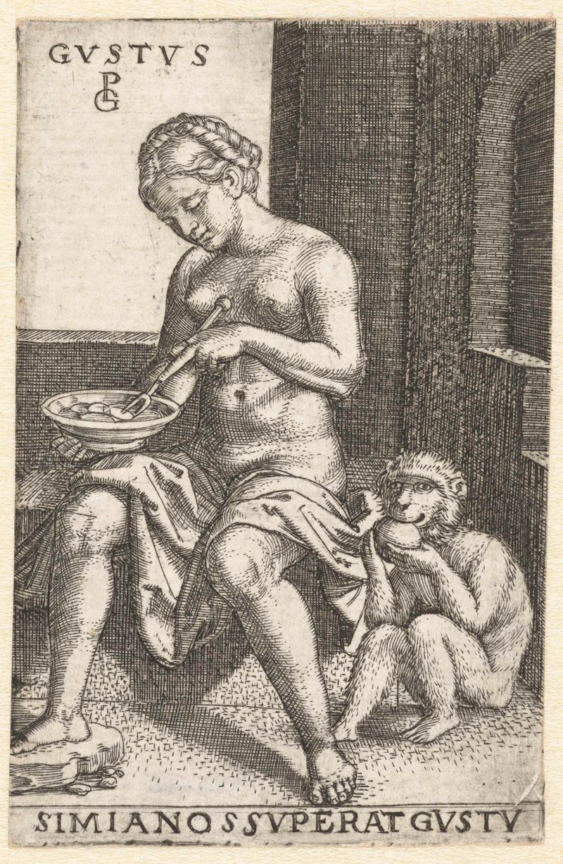 Grabado de Georg Pencz que presenta un bodegón de frutas y pasteles