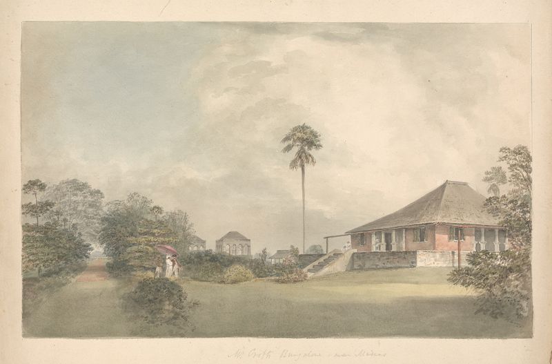 Pintura a óleo de Samuel Davis mostrando o bungalow de Mr. Croft perto de Madras cercado pela vegetação.