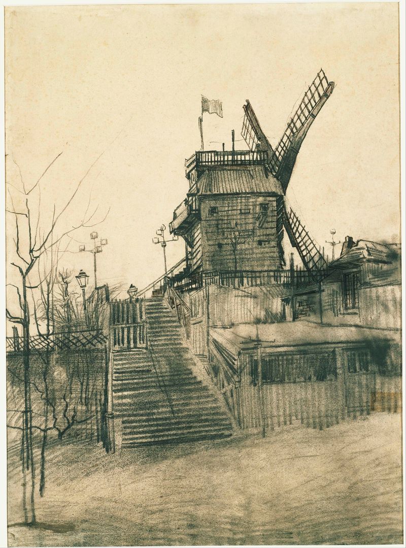 Moulin de la Galette de Vincent van Gogh, óleo sobre tela mostrando dançarinos animados sob a luz do sol