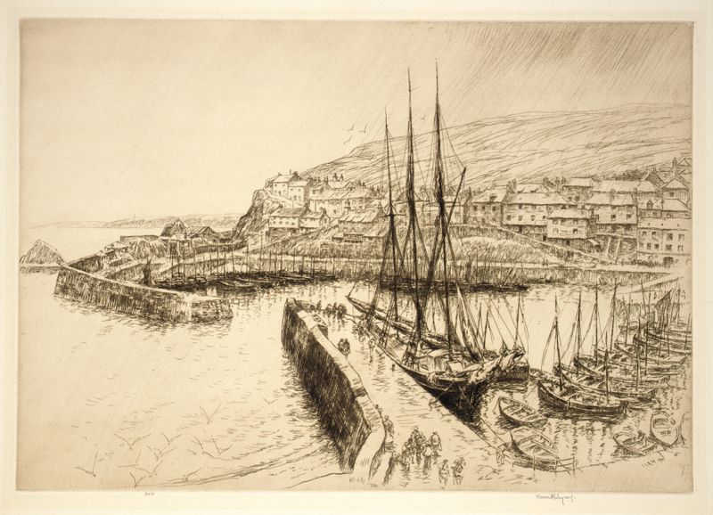 Grabado paisajístico etéreo de Kerr Eby que representa la costa y las olas.