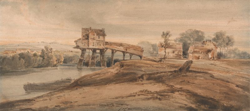 O moinho de água acima da ponte em Charenton, óleo sobre tela de François Louis Thomas Francia