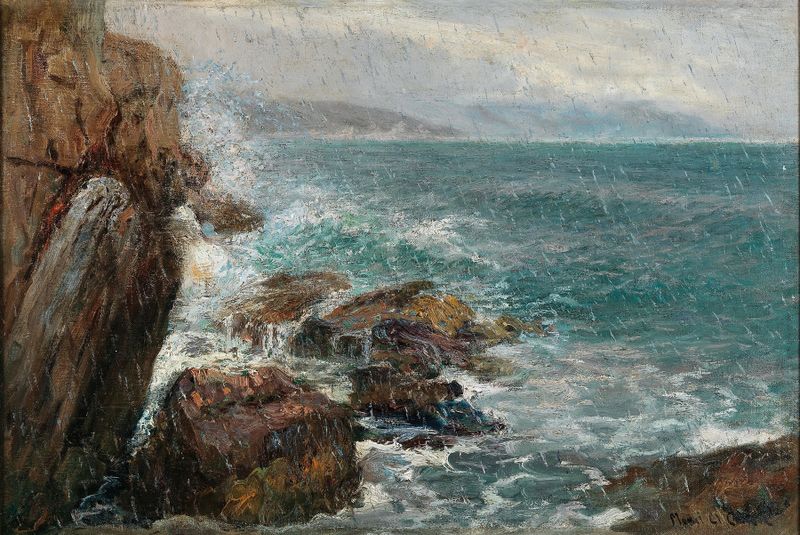 A Rainy Day on the Shore by Menci Clement Crnčić, oil painting depicting a shoreline with stormy weather.