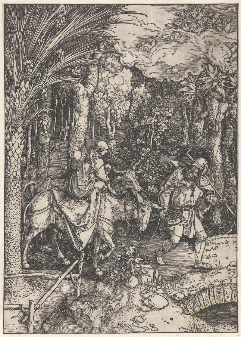 Vlucht naar Egypte de Albrecht Dürer, meio em papel, retratando Maria e o menino Cristo entre folhagens.