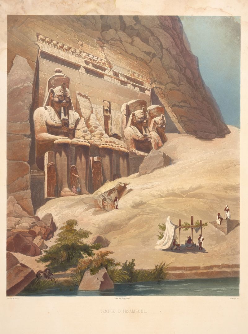 Facade of Temple D’Ibsamboul by Hector Horeau, 1839, depicting ancient stone architecture