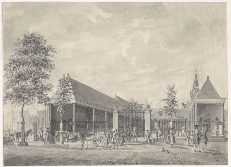 A view of the Nieuwe Korenbeurs on the Damrak, Amsterdam, oil painting by Hermanus Petrus Schouten