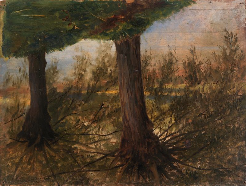 Paisagem impressionista com árvores ao lado de um riacho de Eliphalet Fraser Andrews