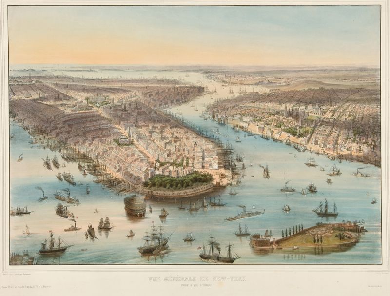 Vue Generale de New-York de J. Bachmann, que representa un horizonte urbano, medio desconocido.