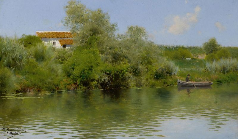 The River at Alcalà by Emilio Sánchez-Perrier, oil painting depicting a serene landscape with a river and trees.