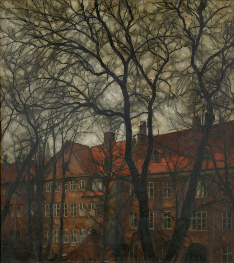 Vista de Nørregade, Copenhague por Svend Hammershøi, óleo que retrata uma rua urbana tranquila.