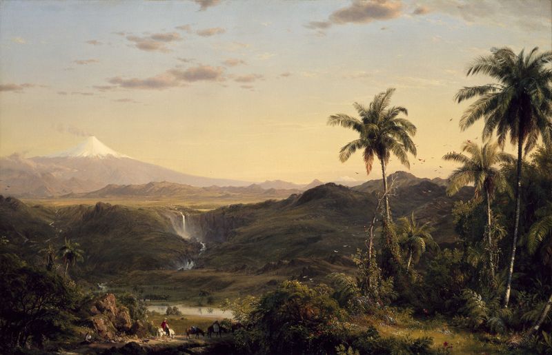 Cotopaxi by Frederic Edwin Church, oil on canvas depicting a mountain landscape with sunlight and lush vegetation.