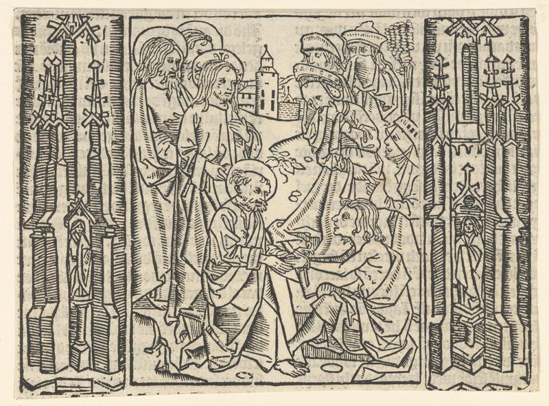 De opwekking van Lazarus by Master of Delft, paper medium, depicting Lazarus in a shroud with reaching hands.