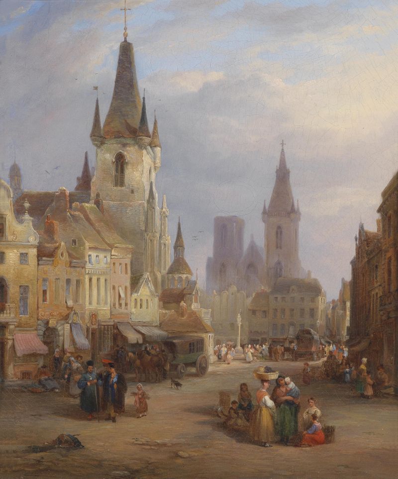 Cena de gênero retratando um mercado movimentado, pintura a óleo de Joseph Barter