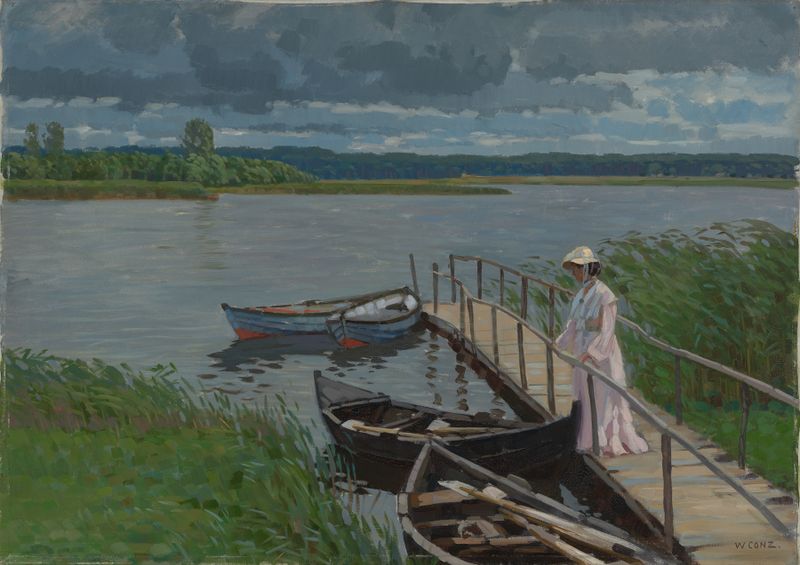 Paisaje de un muelle de madera en Kölpinsee por Walter Conz, pintura al óleo