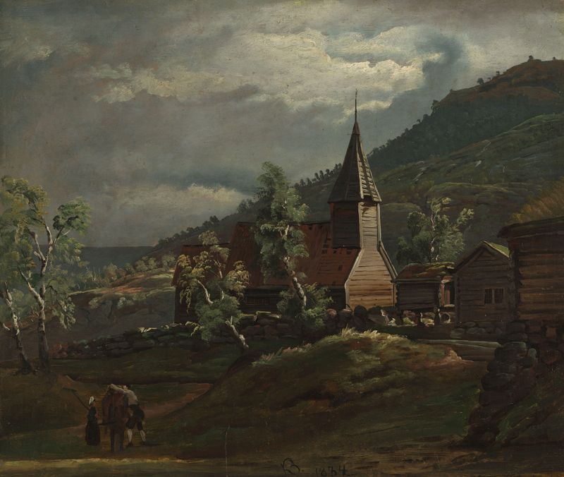 Paisagem com uma igreja cercada por árvores, pintura a óleo de Knud Baade