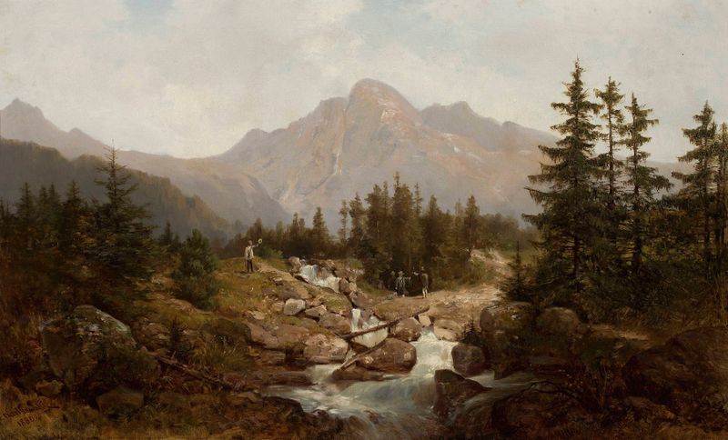 Tatra Mountain landscape by Franciszek Wastkowski, oil painting depicting snow-covered peaks and misty sky.
