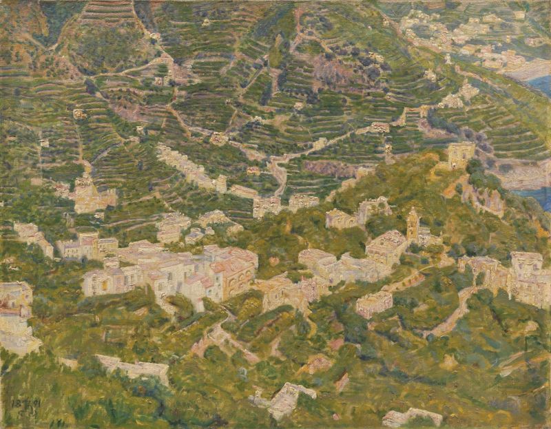 Post-Impressionism landscape by Kristian Zahrtmann, featuring hills and vibrant light.