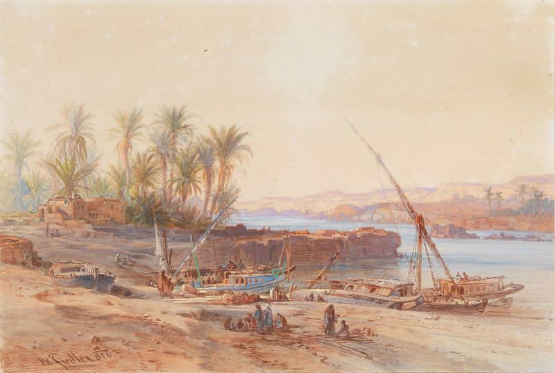 Riverboats on the Nile, oil on canvas by Bernhard Fiedler