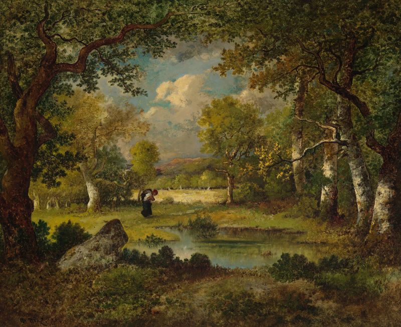 Paisagem com um rio e floresta de Narcisse-Virgile Diaz de La Peña, pintura a óleo