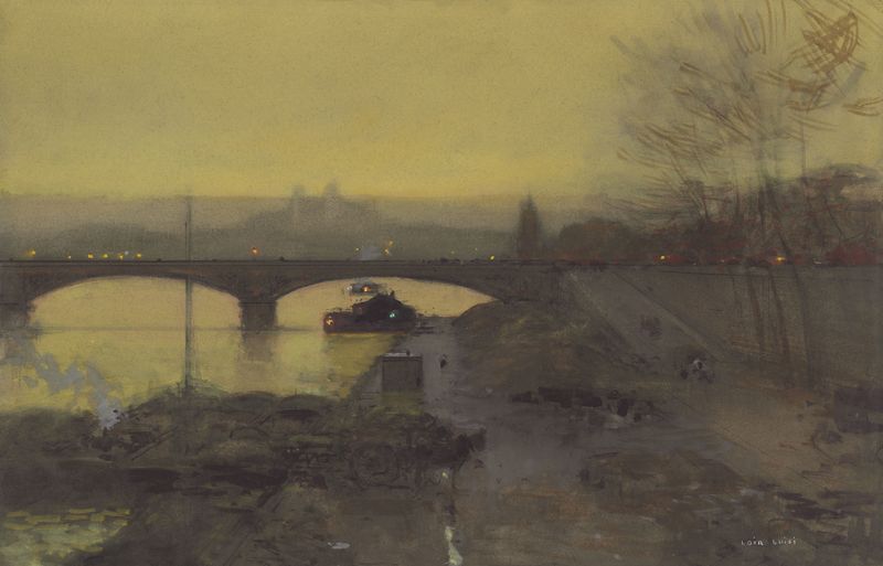 El Puente de Alma al Anochecer, pintura al óleo de Luigi Loir, que representa un puente sobre un río al anochecer.