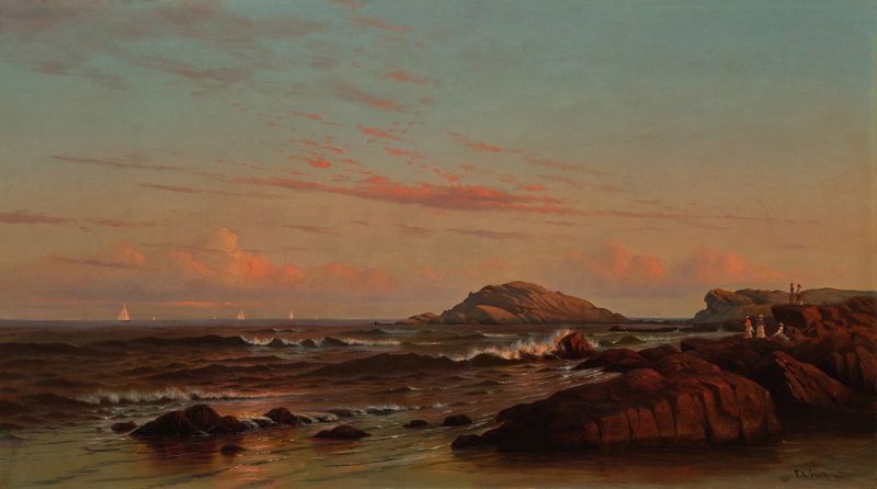 Marine scene of Brace’s Rock and ocean waves, oil painting by Francis Augustus Silva