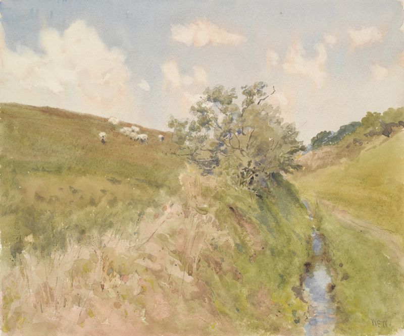 Paisaje con arroyo de William Eyre Walker, óleo sobre lienzo, que presenta un arroyo suave en un bosque frondoso.