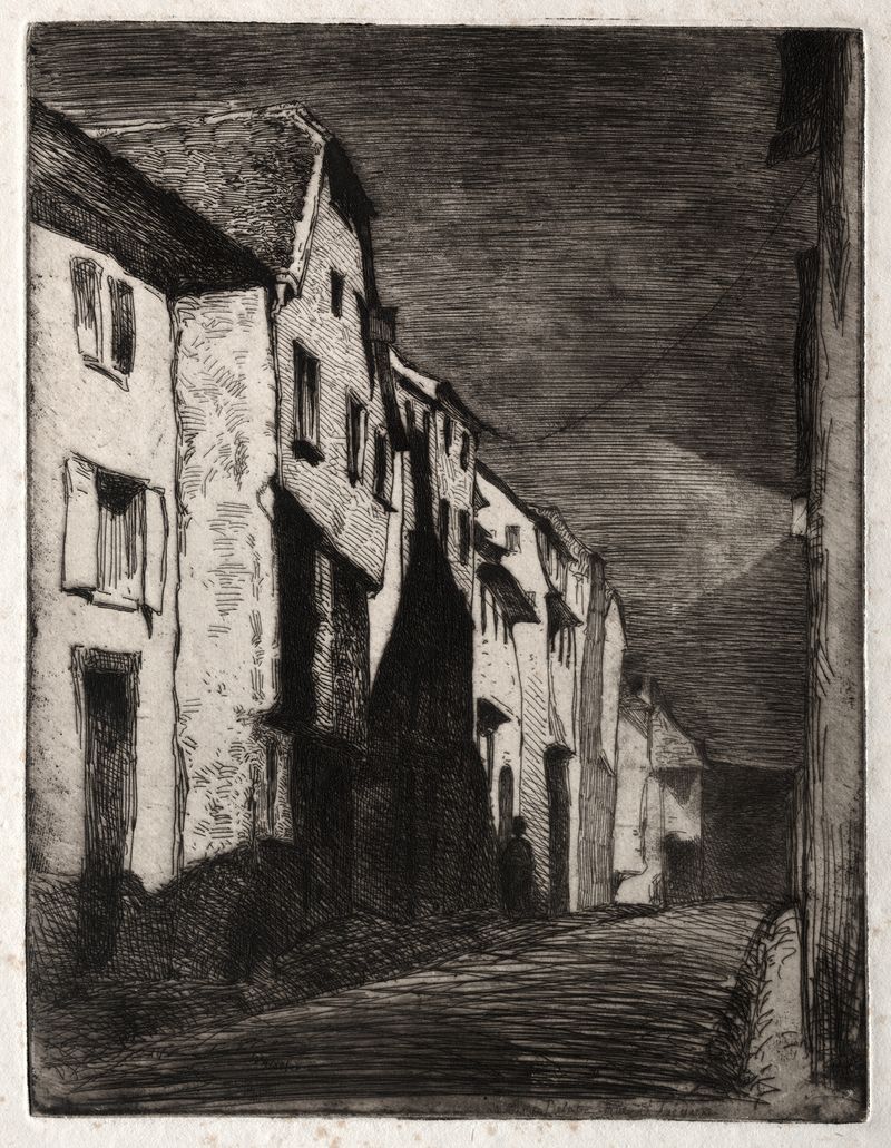 Calle en Saverne de James Abbott McNeill Whistler, óleo sobre lienzo que representa una tranquila calle con edificios.