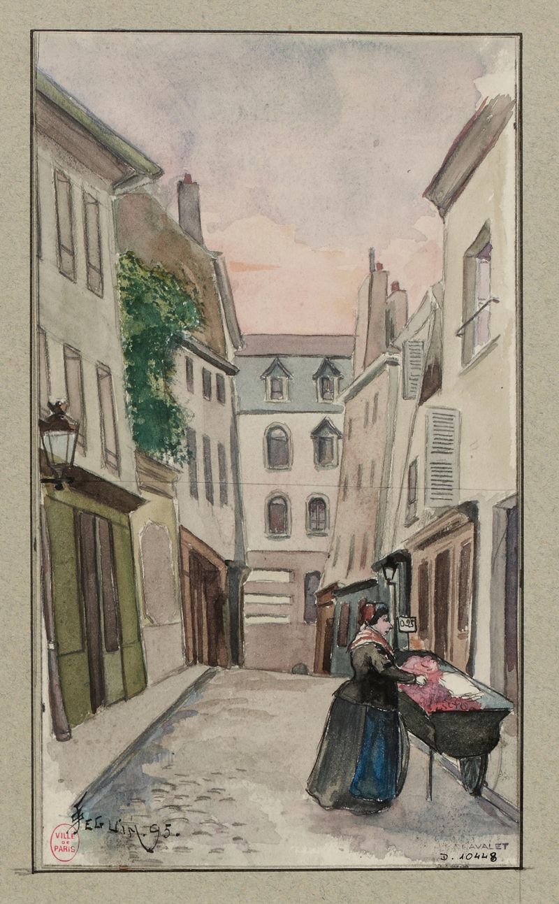 Rue Laplace, donnant rue de la Montagne Sainte-Geneviève et rue Valette, en 1895 de F. Séguin, óleo que retrata um pôr do ...