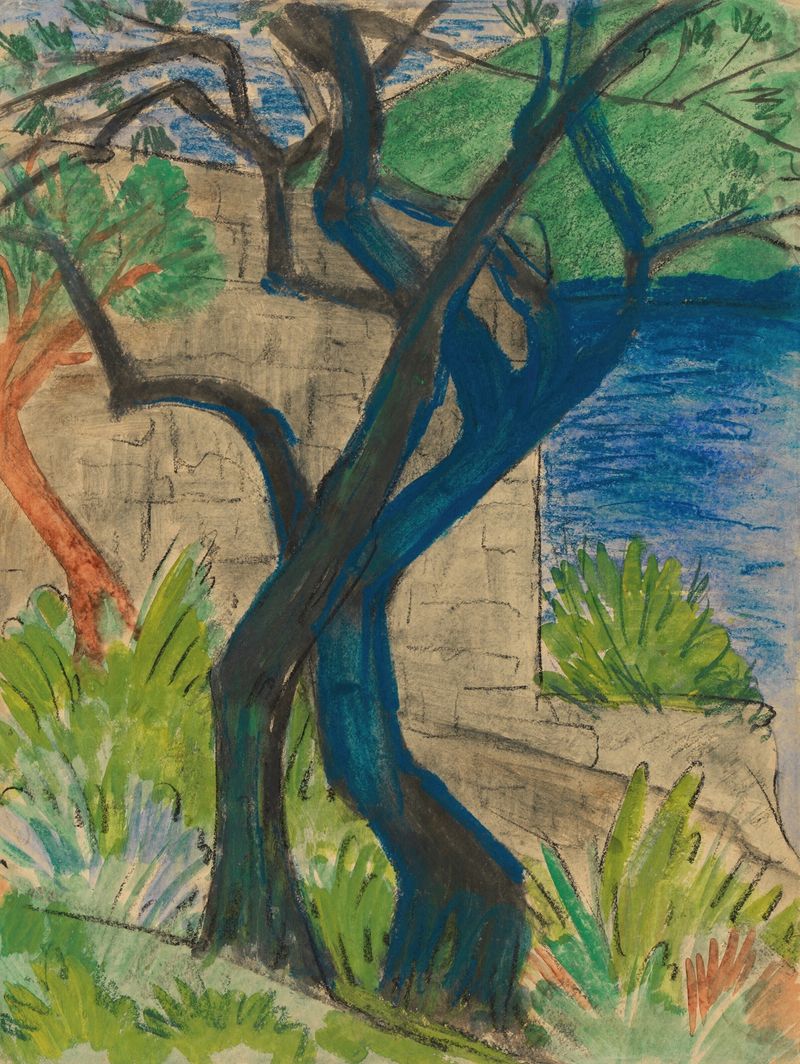 Oil on canvas by Otto Mueller depicting a riverside landscape with a blue tree