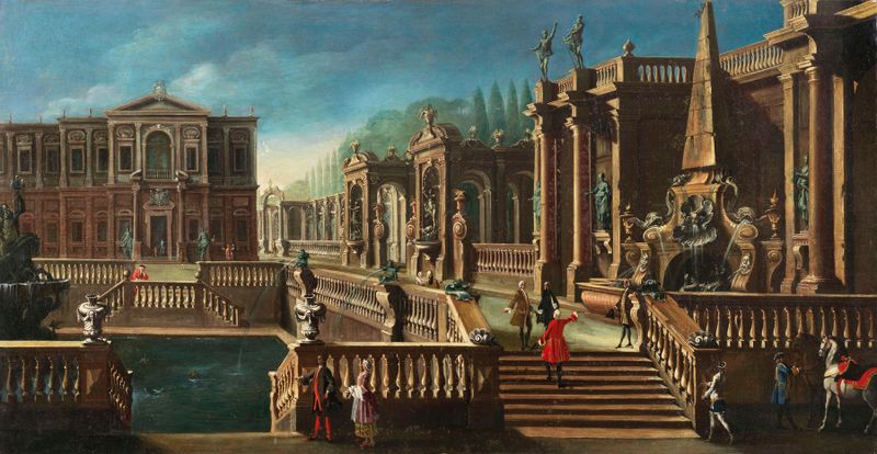 Rococo oil painting by Francesco Battaglioli depicting a villa, fountain, and figures in gardens.