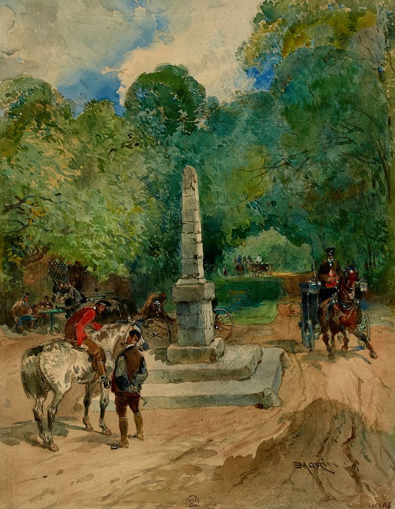 Genre scene depicting figures under trees, oil painting by Edmond Morin