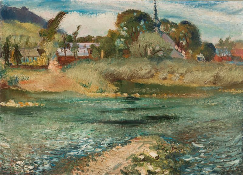 Landscape from Krościenko, óleo sobre lienzo de Fryderyk Pautsch, con colinas distantes y hierba exuberante.