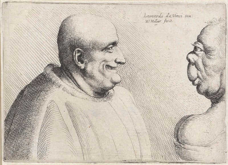 Gravura de Wenceslaus Hollar mostrando figuras grotescas de um homem e uma mulher com características exageradas.