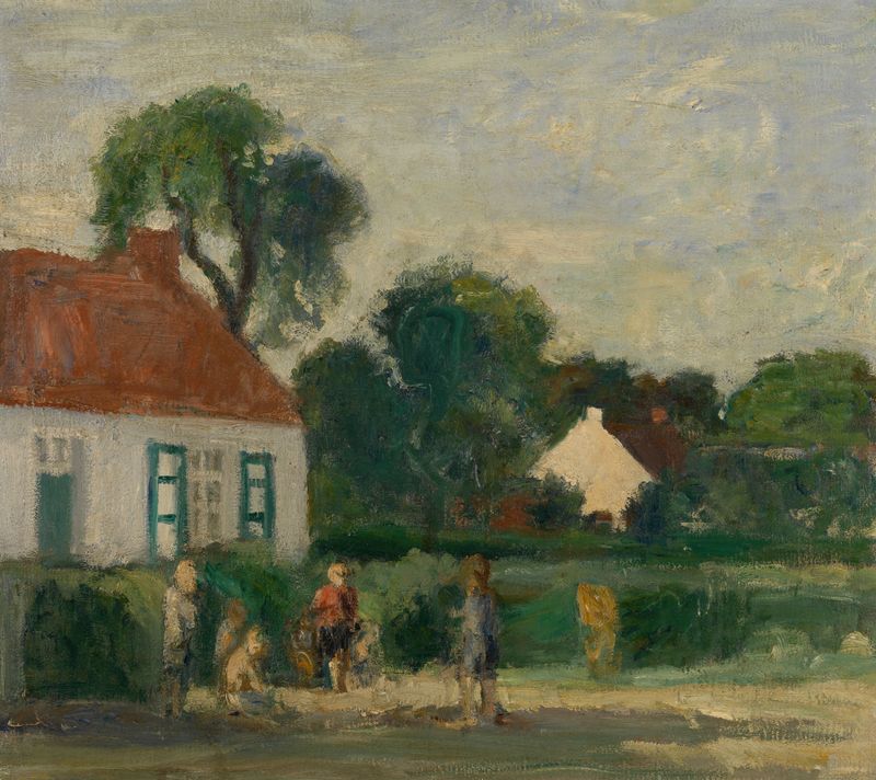 Oude Baan in Schilde, óleo sobre tela de Albert Van Dyck, retratando uma paisagem tranquila ao crepúsculo.