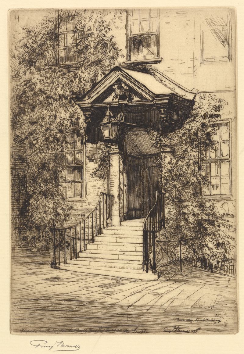 Doorway in Lamb’s Building by Percy Thomas, medium unknown, featuring a weathered façade and dappled light.