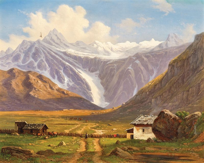 A mountain pasture with an alpine hut, oil on canvas by Emil Ludwig Löhr