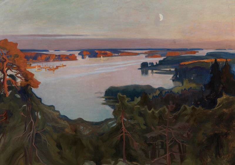 View Over Haikko, óleo sobre lienzo de Albert Edelfelt, que representa un paisaje tranquilo con agua y cielo.