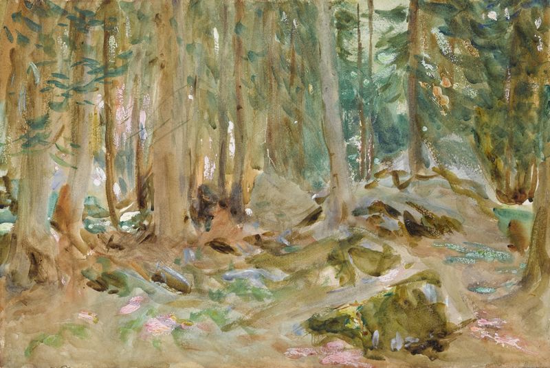 Pine Woods, Purtud de John Singer Sargent, óleo sobre lienzo que representa un bosque con troncos oscuros y follaje vibrante.