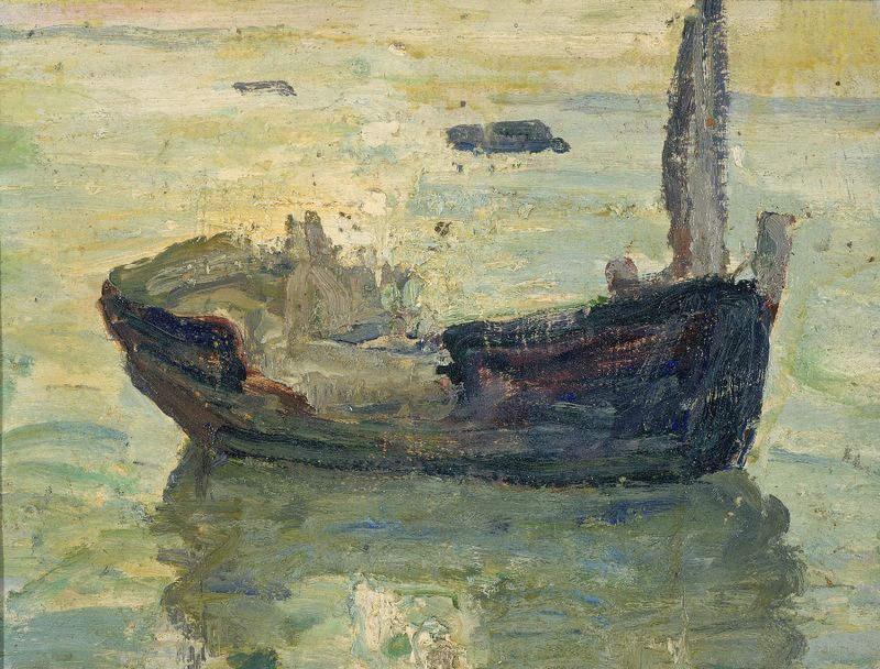 The Wreck by Henry Ossawa Tanner, oil on canvas depicting a shipwreck and turbulent ocean waves.