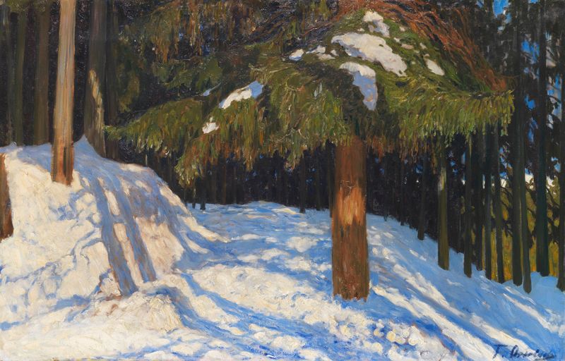 Winter landscape with snow-covered pine trees by Fritz Overbeck, oil painting