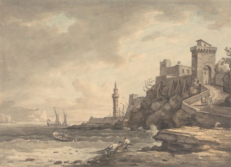 Landscape of Leghorn by William Marlow, oil on canvas depicting a serene horizon and sunset.
