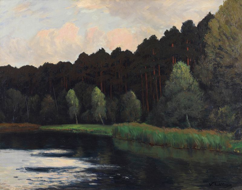 Paisaje de Grunewaldsee de Walter Leistikow, pintura al óleo que muestra árboles y reflejos en el agua.