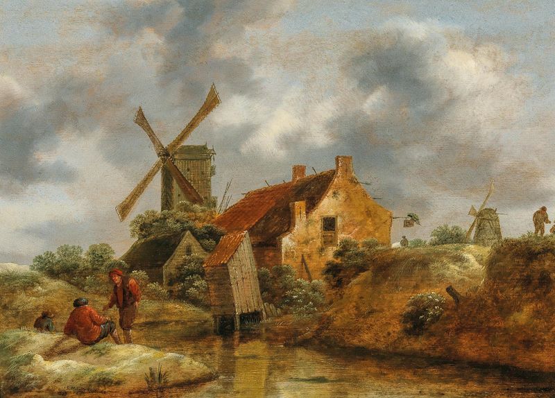 A dune landscape with peasants, farmhouse, and windmills by Nicolaes Molenaer, oil painting