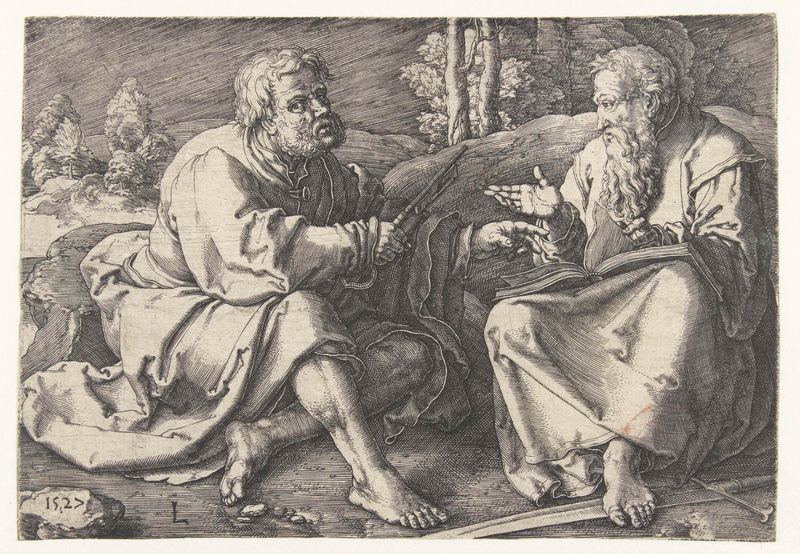 Grabado de Lucas van Leyden que muestra a Pedro y Pablo sentados en un paisaje exuberante