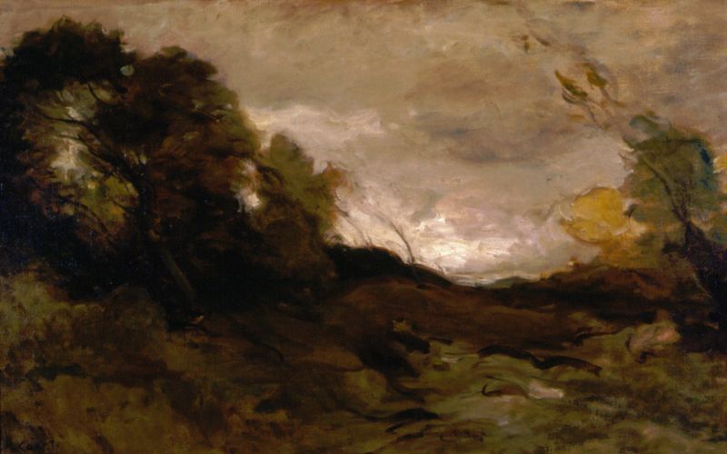 Vallée Solitaire de Jean-Baptiste-Camille Corot, óleo sobre tela que retrata uma paisagem tranquila com árvores e um rio.