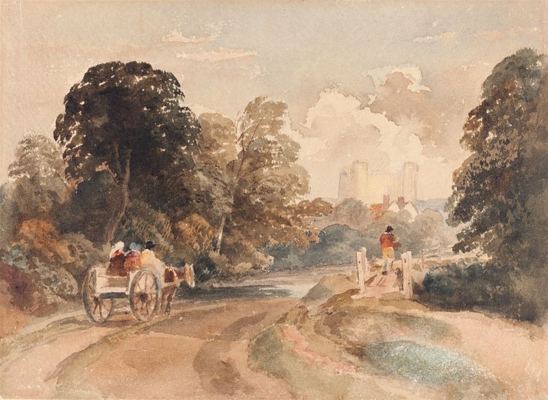 Landscape by Peter De Wint, watercolor on paper depicting fields and clouds.